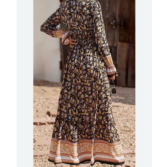 Cream and Brown Long Sleeve Sundress with V-Neck - Picture 2 of 5